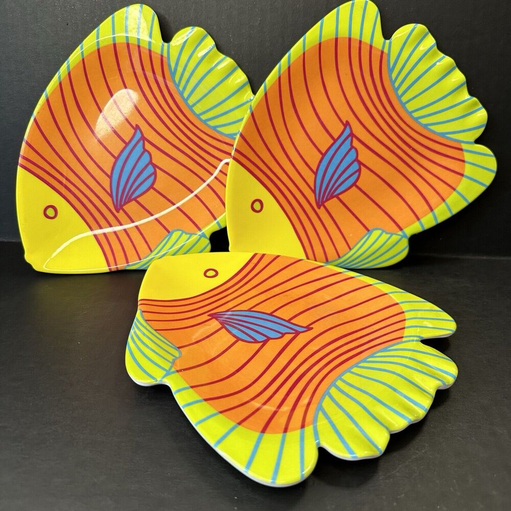 Precidio Tropical Fish Melamine Plates Set of 3 Orange/Green/Yellow Ocean Sea